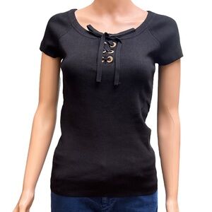 INC International Concepts Deep Black Vivid Lace-Up Short Sleeve Tee XS NWT